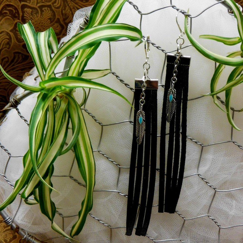 Long Black Leather Fringe & Feather  earrings